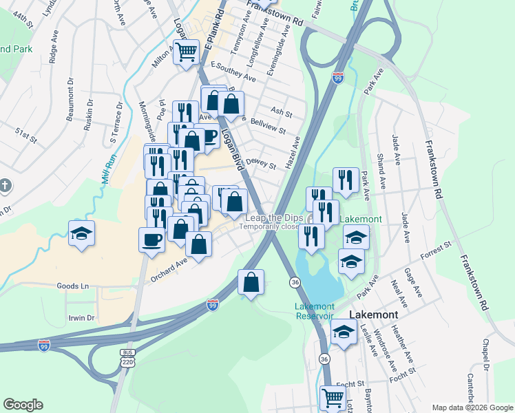 map of restaurants, bars, coffee shops, grocery stores, and more near 100-148 Arlaryd St in Altoona