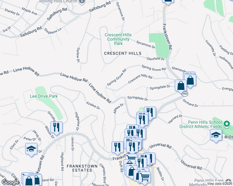 map of restaurants, bars, coffee shops, grocery stores, and more near 173 Crescent Hills Road in Pittsburgh