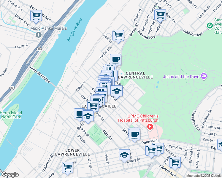 map of restaurants, bars, coffee shops, grocery stores, and more near 4406 1/2 Cessna Way in Pittsburgh