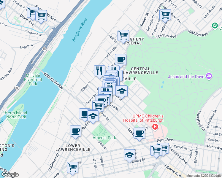 map of restaurants, bars, coffee shops, grocery stores, and more near 190 43rd 1/2 Street in Pittsburgh