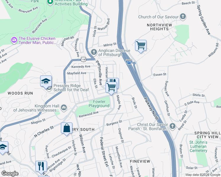map of restaurants, bars, coffee shops, grocery stores, and more near 2604 Perrysville Avenue in Pittsburgh
