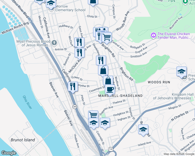map of restaurants, bars, coffee shops, grocery stores, and more near 1400 Eckert Street in Pittsburgh