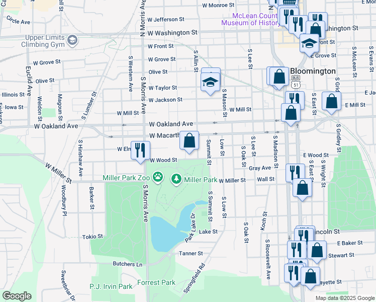 map of restaurants, bars, coffee shops, grocery stores, and more near 905 West Wood Street in Bloomington