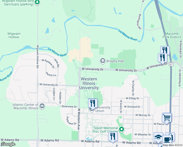 map of restaurants, bars, coffee shops, grocery stores, and more near 645-1145 W University Dr in Macomb