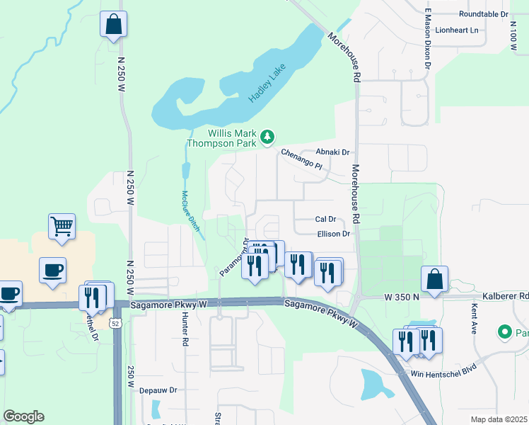 map of restaurants, bars, coffee shops, grocery stores, and more near 2066 Puget Drive in West Lafayette