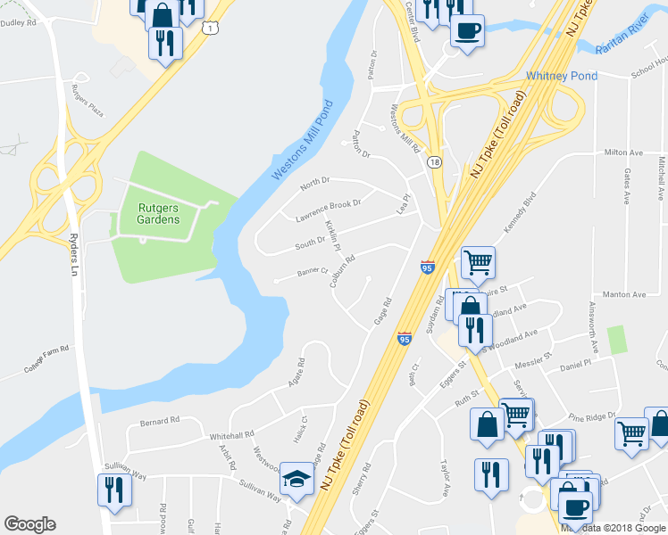 map of restaurants, bars, coffee shops, grocery stores, and more near 24 Colburn Road in East Brunswick