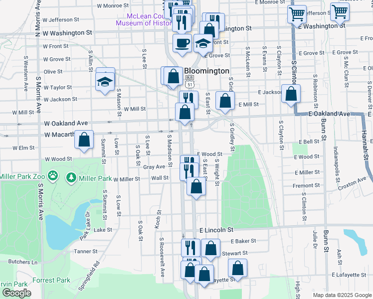 map of restaurants, bars, coffee shops, grocery stores, and more near 101 West Wood Street in Bloomington