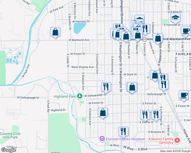 map of restaurants, bars, coffee shops, grocery stores, and more near 514 West Woodland Avenue in Kokomo