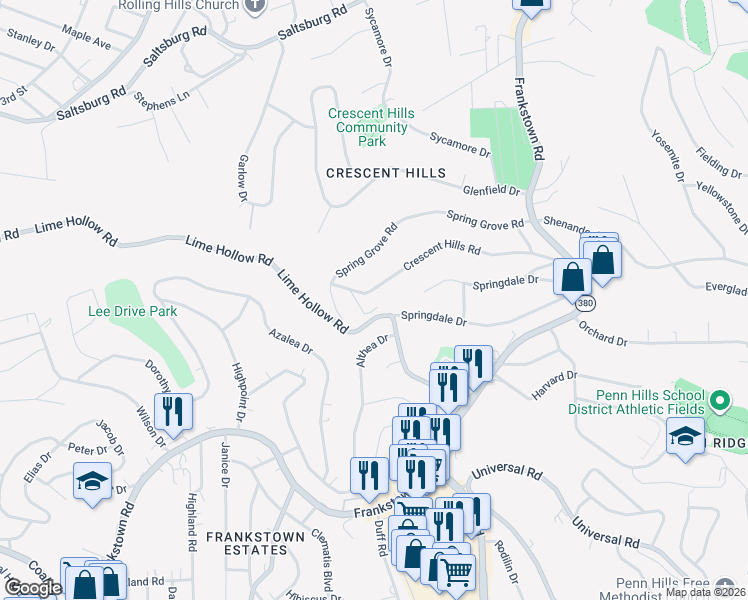 map of restaurants, bars, coffee shops, grocery stores, and more near 173 Crescent Hills Road in Pittsburgh