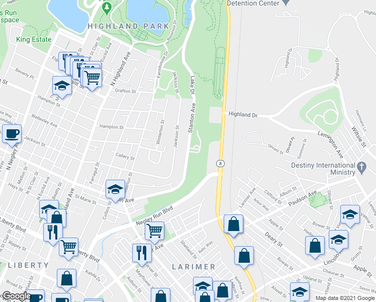 map of restaurants, bars, coffee shops, grocery stores, and more near 6520 Stanton Ave in Pittsburgh