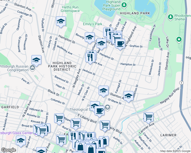 map of restaurants, bars, coffee shops, grocery stores, and more near 838 North Saint Clair Street in Pittsburgh