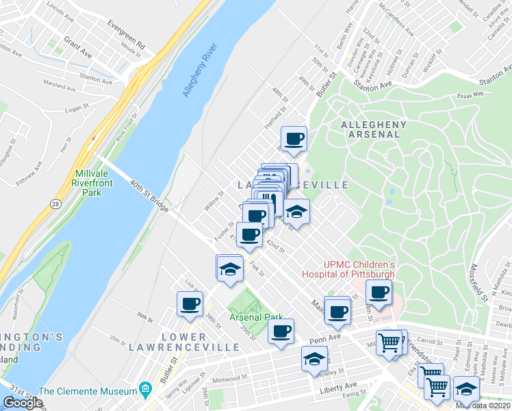 map of restaurants, bars, coffee shops, grocery stores, and more near 177 43rd 1/2 Street in Pittsburgh