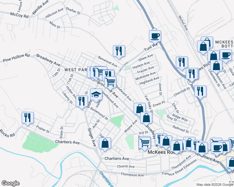 map of restaurants, bars, coffee shops, grocery stores, and more near 613 Penn Alley in McKees Rocks