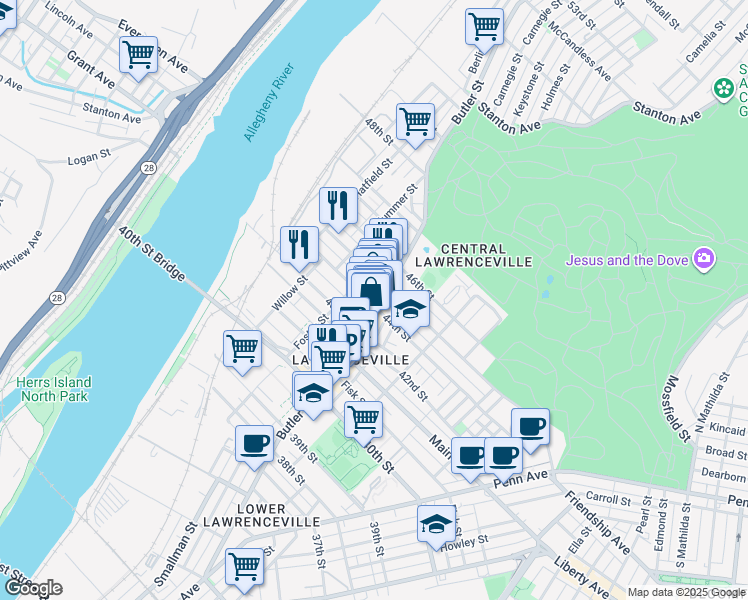 map of restaurants, bars, coffee shops, grocery stores, and more near 190 43rd 1/2 Street in Pittsburgh