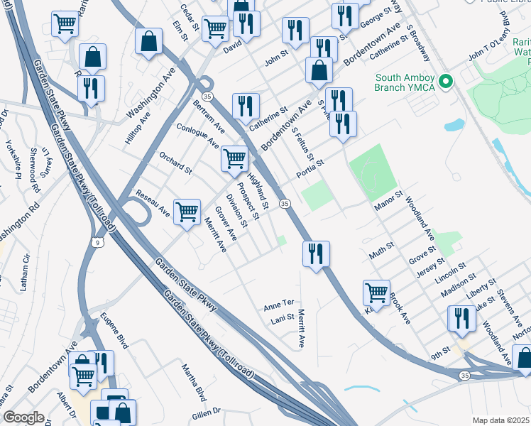 map of restaurants, bars, coffee shops, grocery stores, and more near 419 Highland Street in South Amboy