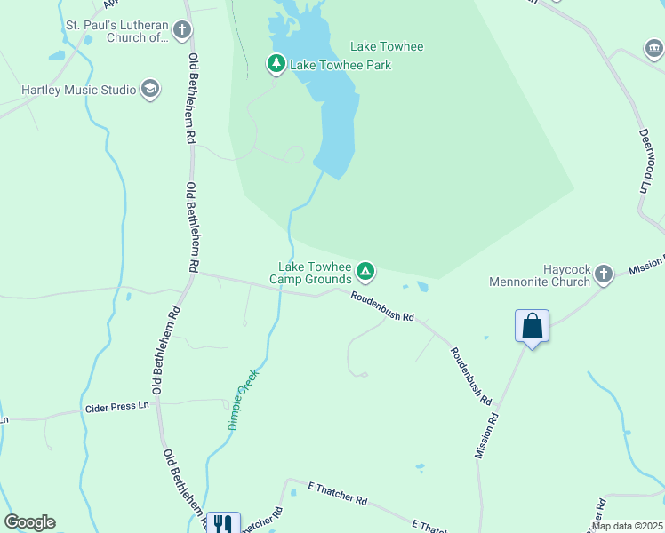 map of restaurants, bars, coffee shops, grocery stores, and more near 1279 Roudenbush Road in Quakertown