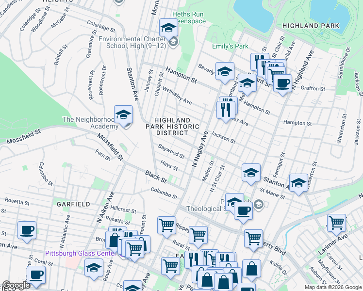 map of restaurants, bars, coffee shops, grocery stores, and more near 5530 Stanton Avenue in Pittsburgh
