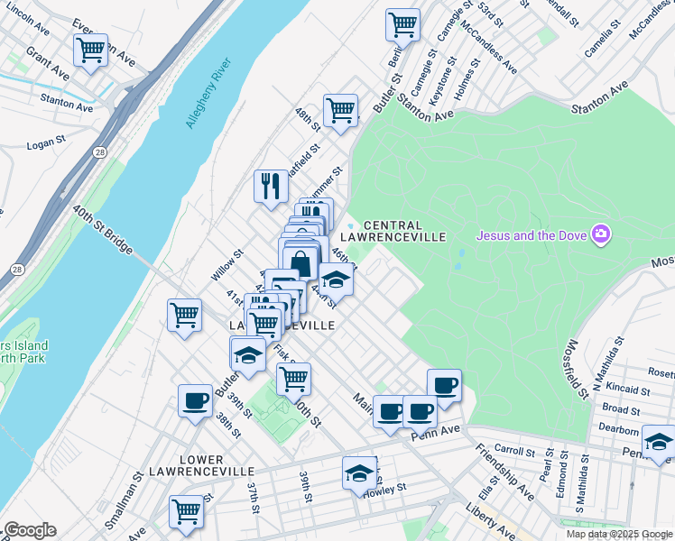 map of restaurants, bars, coffee shops, grocery stores, and more near 4406 1/2 Cessna Way in Pittsburgh