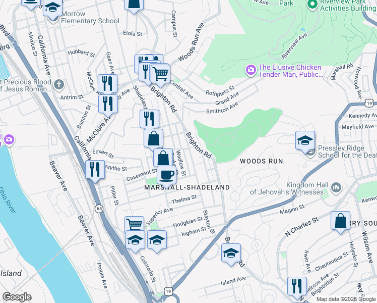map of restaurants, bars, coffee shops, grocery stores, and more near 2917 Stayton Street in Pittsburgh