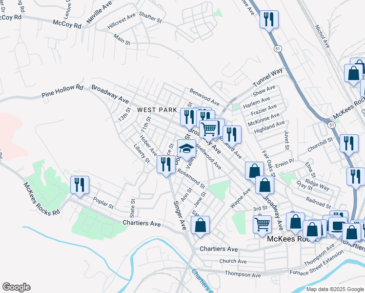 map of restaurants, bars, coffee shops, grocery stores, and more near 1138a Dohrman Street in McKees Rocks