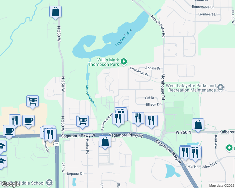 map of restaurants, bars, coffee shops, grocery stores, and more near 2066 Puget Drive in West Lafayette