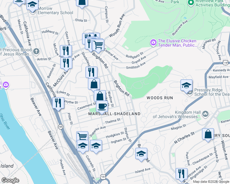 map of restaurants, bars, coffee shops, grocery stores, and more near 2917 Stayton Street in Pittsburgh