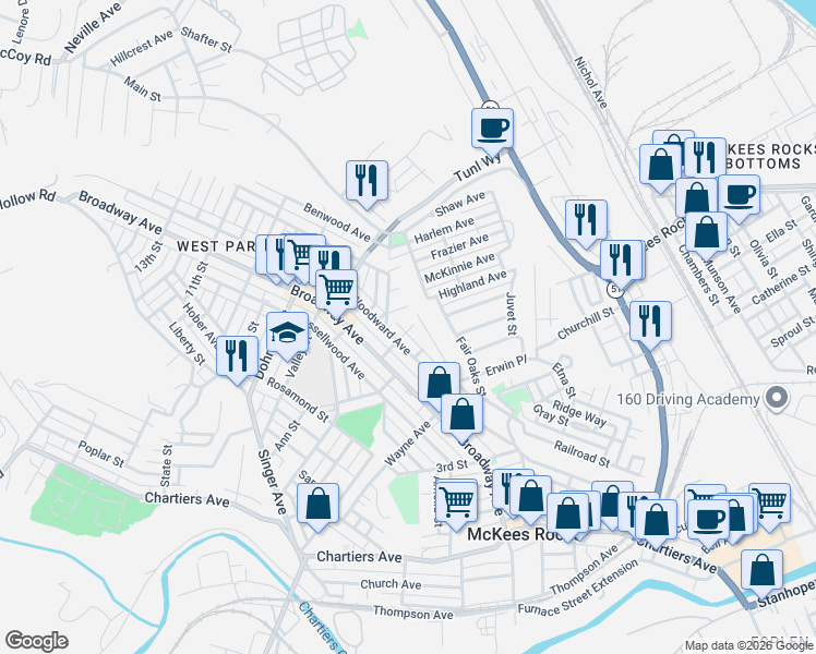 map of restaurants, bars, coffee shops, grocery stores, and more near 813 6th Street in McKees Rocks
