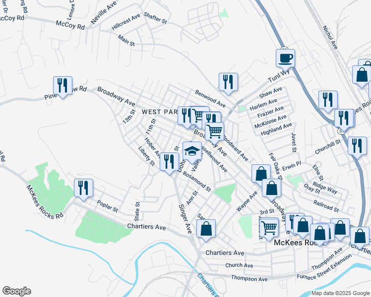 map of restaurants, bars, coffee shops, grocery stores, and more near 1126 Dohrman Street in McKees Rocks