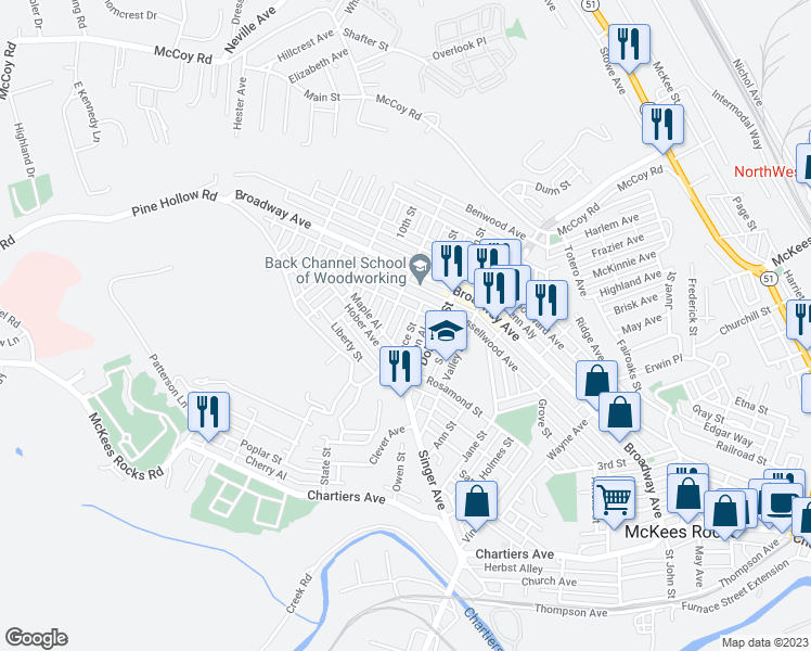 map of restaurants, bars, coffee shops, grocery stores, and more near 1134 1/2 Race Street in McKees Rocks