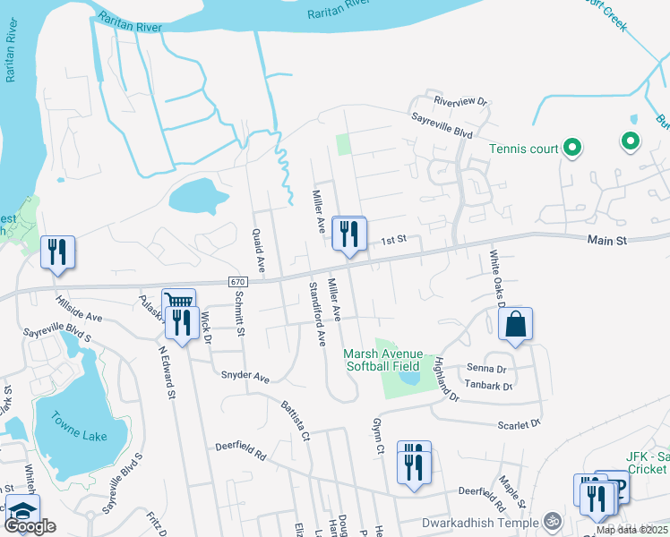 map of restaurants, bars, coffee shops, grocery stores, and more near 556 Main Street in Sayreville