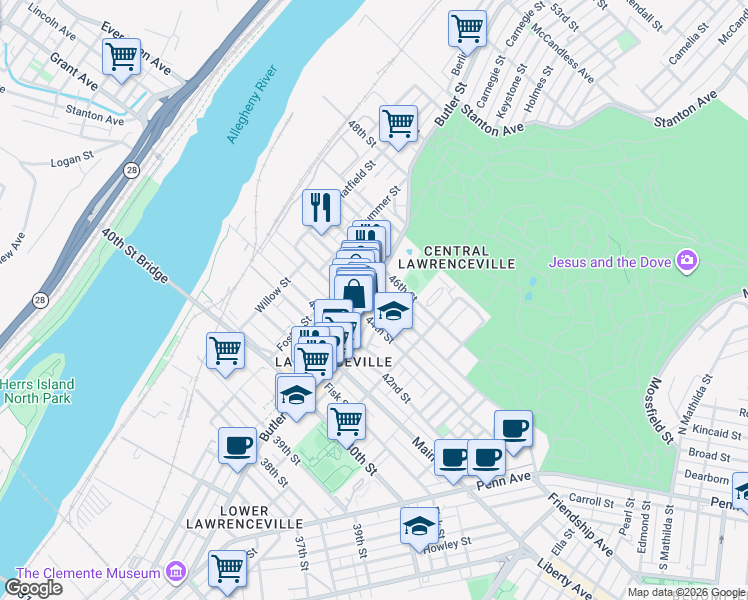 map of restaurants, bars, coffee shops, grocery stores, and more near 4406 1/2 Cessna Way in Pittsburgh