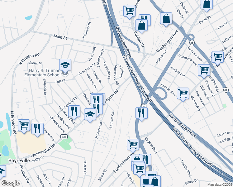 map of restaurants, bars, coffee shops, grocery stores, and more near 2946 Washington Road in Sayreville