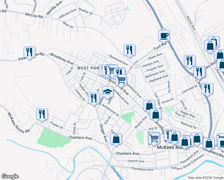 map of restaurants, bars, coffee shops, grocery stores, and more near 1096 Valley Street in McKees Rocks