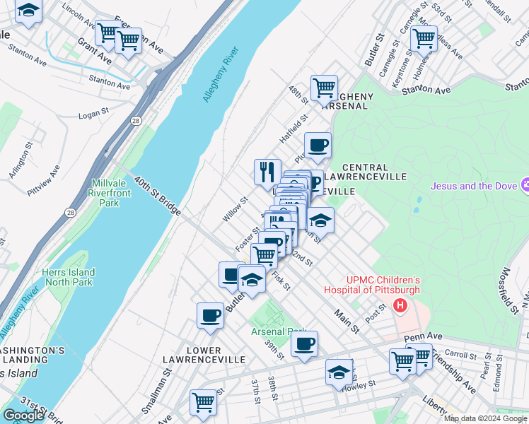 map of restaurants, bars, coffee shops, grocery stores, and more near 149 43rd Street in Pittsburgh