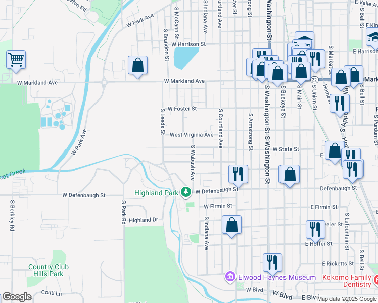 map of restaurants, bars, coffee shops, grocery stores, and more near 807 West State Street in Kokomo