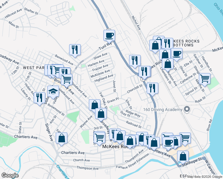 map of restaurants, bars, coffee shops, grocery stores, and more near 68 Palace Avenue in McKees Rocks