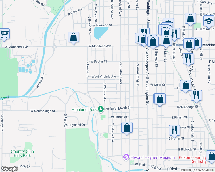 map of restaurants, bars, coffee shops, grocery stores, and more near 717 West State Street in Kokomo