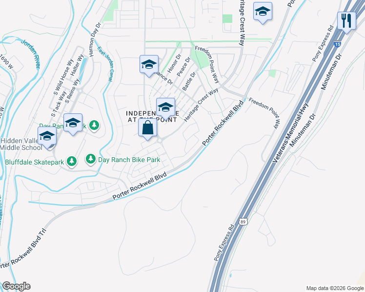 map of restaurants, bars, coffee shops, grocery stores, and more near 15392 Tarawa Drive in Bluffdale
