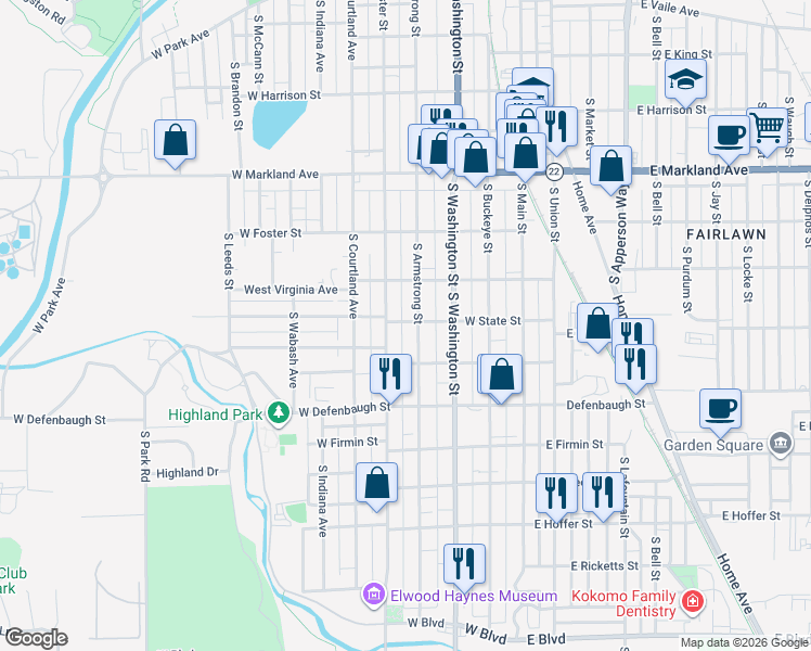 map of restaurants, bars, coffee shops, grocery stores, and more near 1316 S Webster St in Kokomo