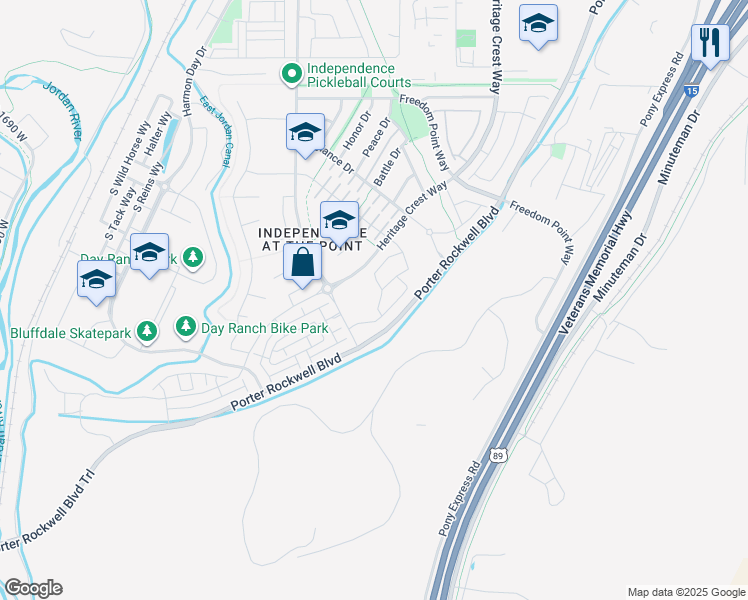 map of restaurants, bars, coffee shops, grocery stores, and more near 15392 Tarawa Drive in Bluffdale