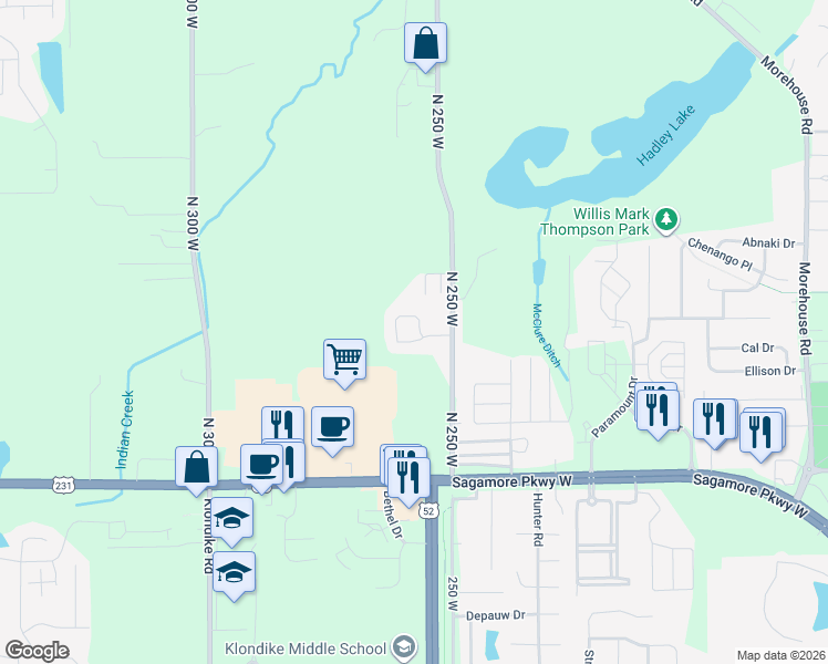 map of restaurants, bars, coffee shops, grocery stores, and more near 2500 Derbyshire Court in West Lafayette