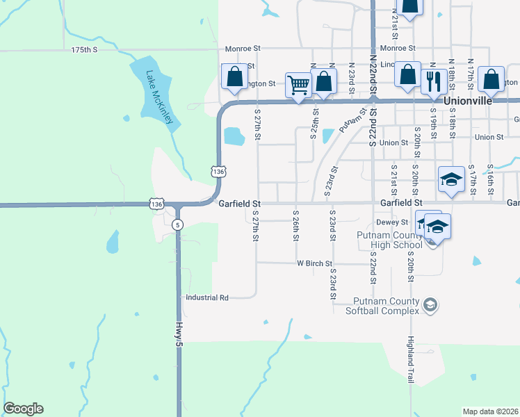 map of restaurants, bars, coffee shops, grocery stores, and more near 27th St in Unionville