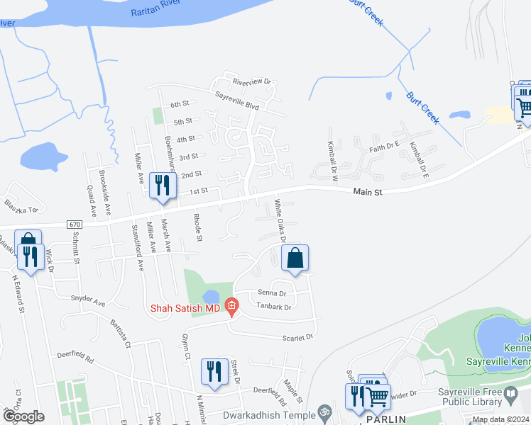 map of restaurants, bars, coffee shops, grocery stores, and more near 48 Astor Court in Sayreville