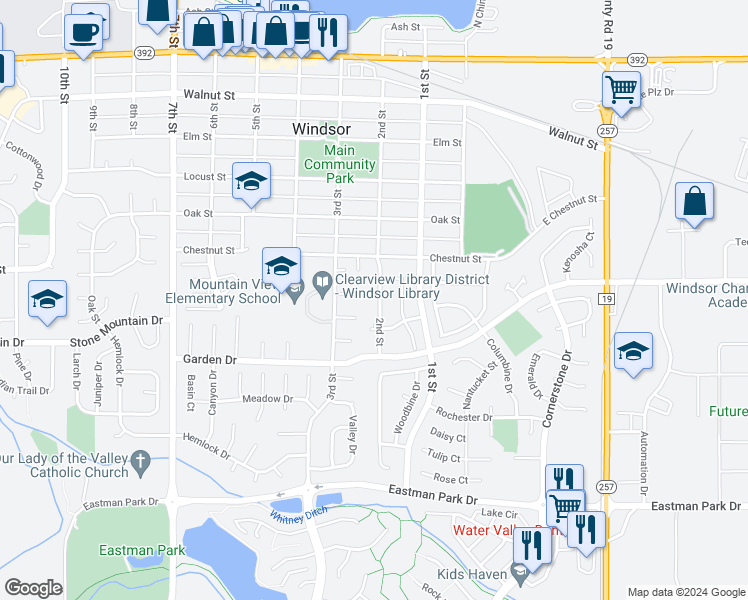 map of restaurants, bars, coffee shops, grocery stores, and more near 240 Maple Court in Windsor