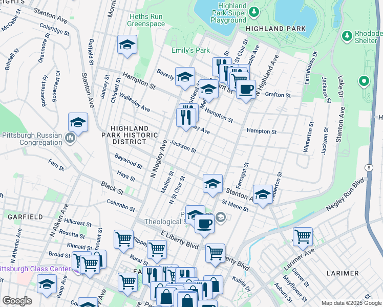 map of restaurants, bars, coffee shops, grocery stores, and more near 838 North Saint Clair Street in Pittsburgh