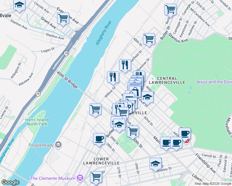 map of restaurants, bars, coffee shops, grocery stores, and more near 145 42nd Street in Pittsburgh