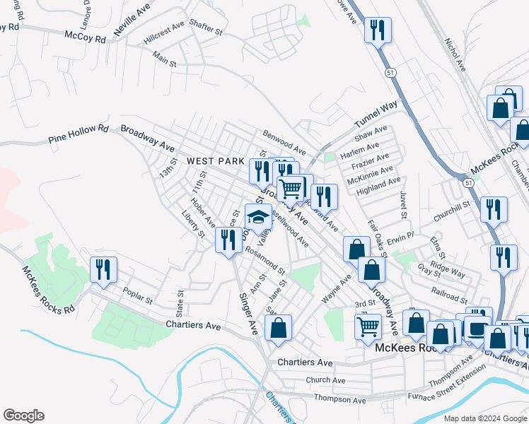 map of restaurants, bars, coffee shops, grocery stores, and more near 1096 Valley Street in McKees Rocks