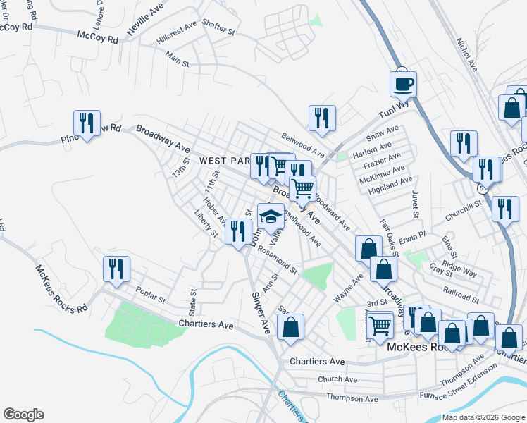map of restaurants, bars, coffee shops, grocery stores, and more near 1138a Dohrman Street in McKees Rocks