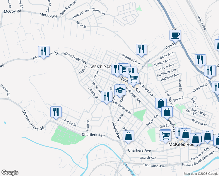 map of restaurants, bars, coffee shops, grocery stores, and more near 1138a Dohrman Street in McKees Rocks
