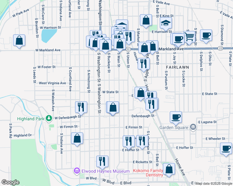 map of restaurants, bars, coffee shops, grocery stores, and more near 1315 South Main Street in Kokomo